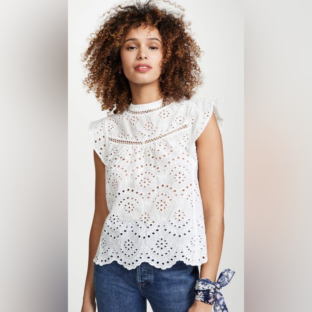 Seven For All Mankind White Eyelet Sleeveless Blouse Mock Neck Small NWT